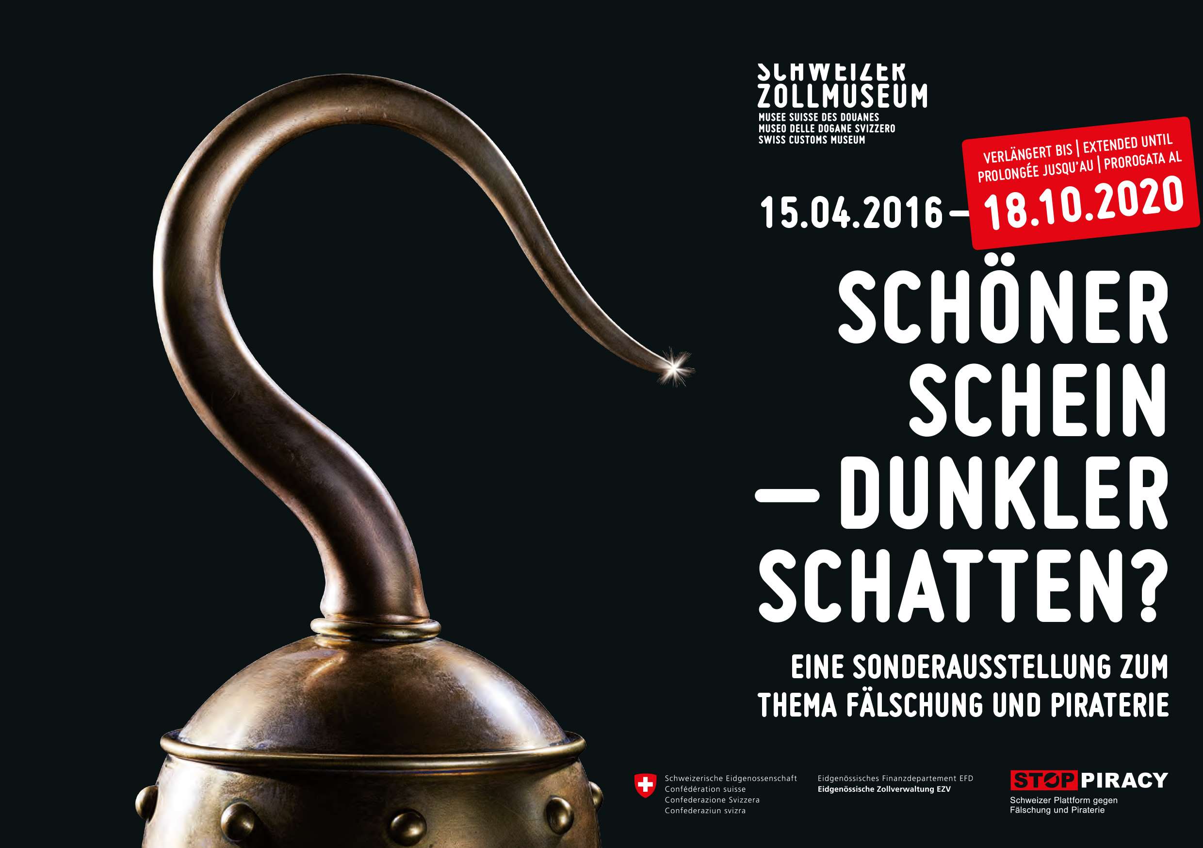 Im Linken Teil des Bildes sieht man eine Handprothese in Form eines Metallhackens wie man sie aus Piratenfilmen kennt. Im rechten Teil des Bildes sind Titel und weitere Informationen zur Sonderausstellung zu sehen.